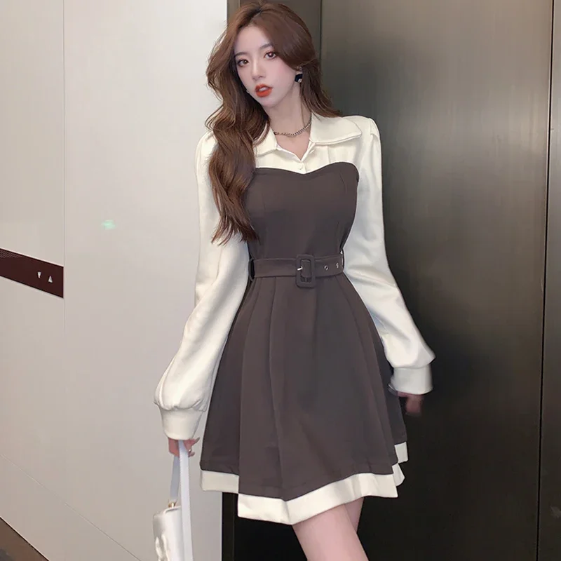 2025 Korean Elegant Party Women Fashion Patchwork Fake Two Piece Mini Dress Autumn Winter Bodycon Bandage Casual Dress