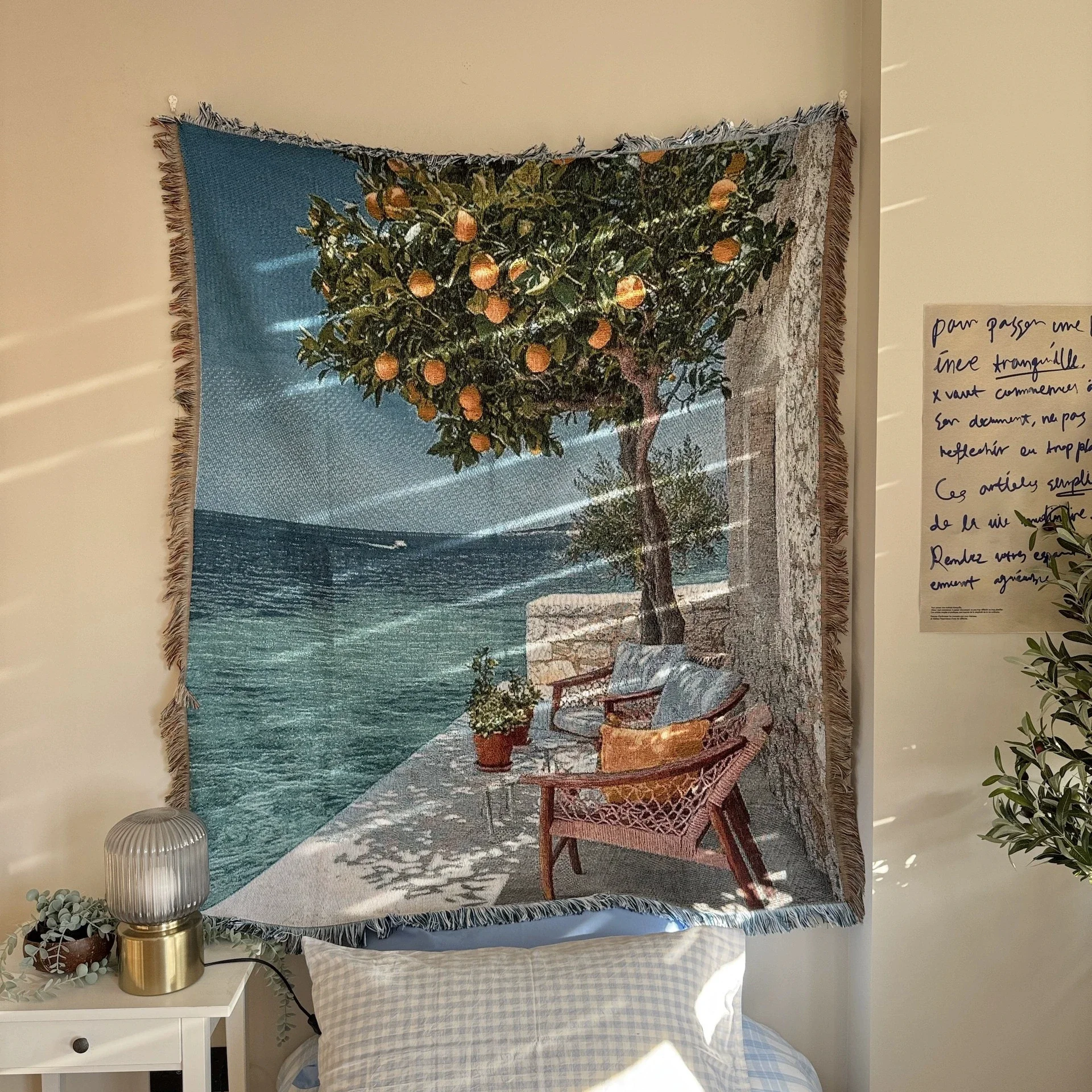 Amalfi Coast Pattern Fringed Throw Blanket Retro Lemon Tree Themed Woven Couch & Bed Blanket Bedroom Decorative Throw Tapestry