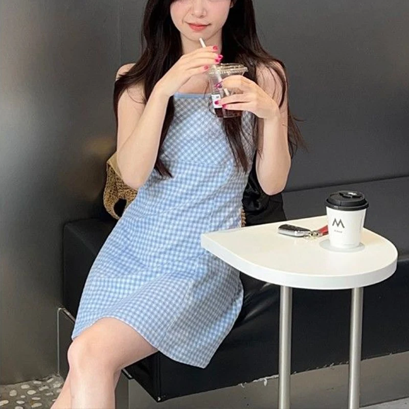 Women's Blue Plaid Sleeveless A Line Mini Dress Casual Sweet Summer Dress