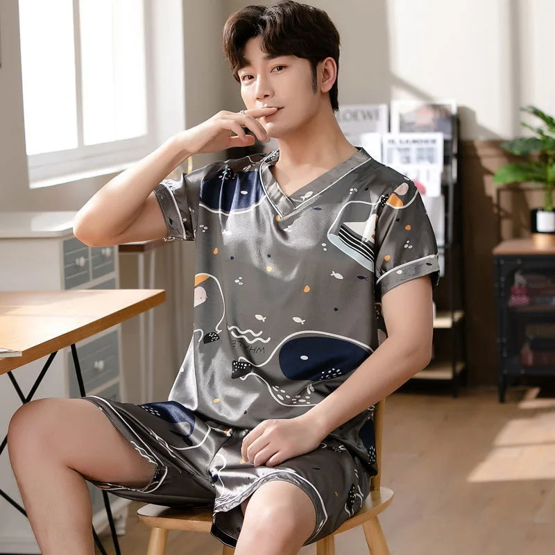 Silk Pajama Sets Men Two Pieces Sleepwear Short Sleeve Top Shorts Summer Loungewear Print High Quality Nightwear Thin Pajamas