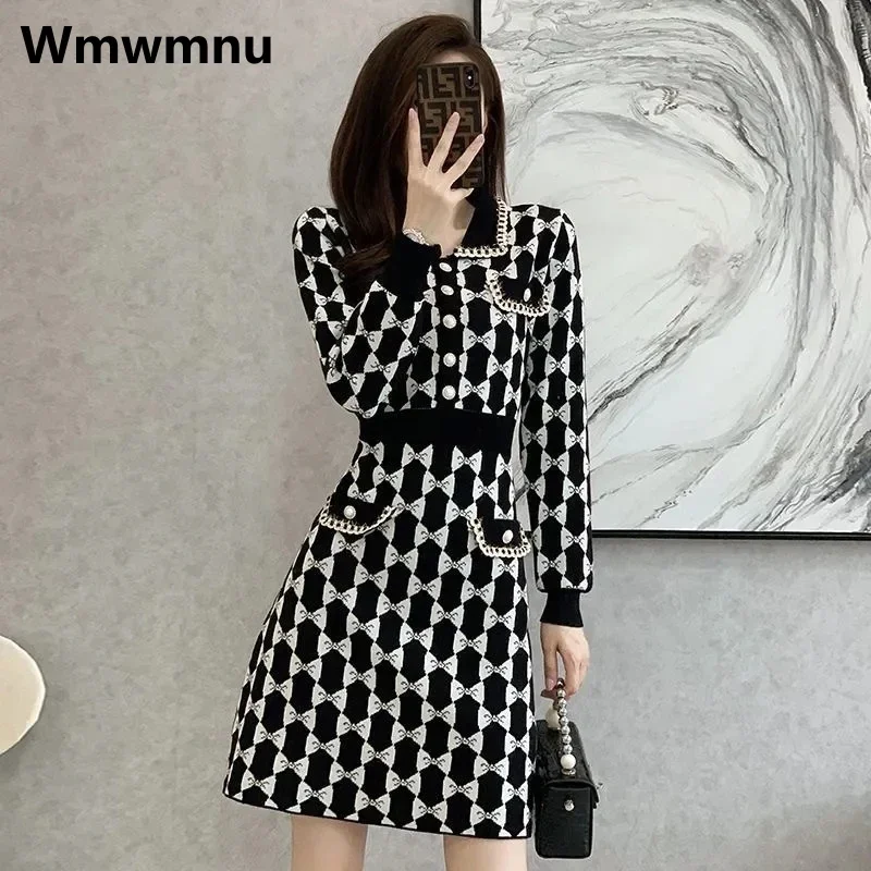 

Vintage Plaid Knitted Dress Women Fashion Spring Vestidos Long Sleeve Casual Kleid Korean A-line Slim Elegant Midi Dresses New