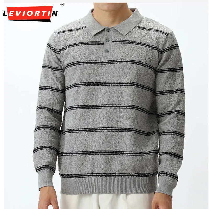 Men's light luxury retro style Polo shirt with frosted stripes, new versatile lapel, business fashion Polo knit shirt top