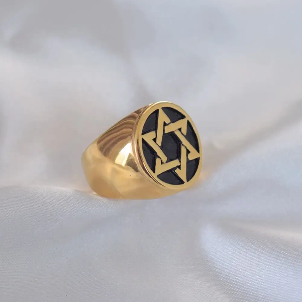 خاتم هيب هوب مطلي بالذهب عيار 18 قيراط من الفولاذ المقاوم للصدأ على شكل نجمة داود للنساء والرجال