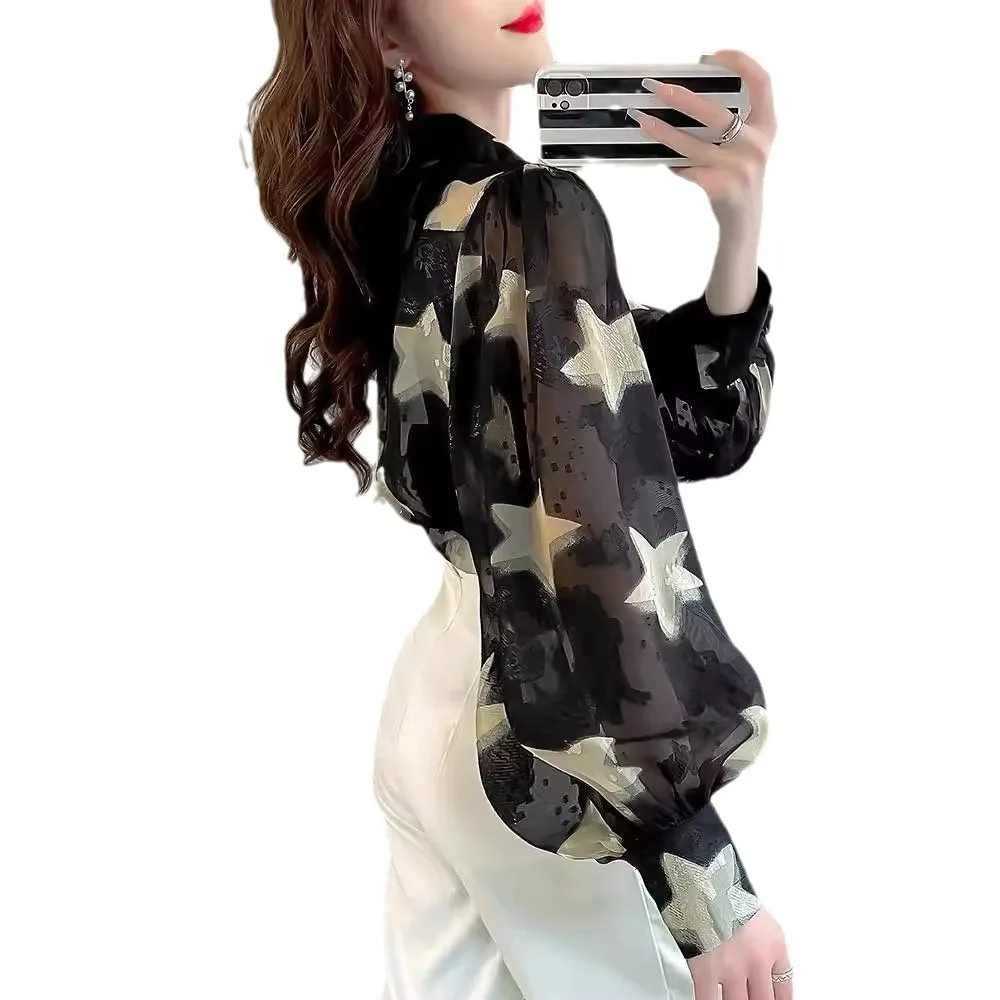 가을 시폰 슬리밍 랜턴 슬리브 여성용 스타 프린트 자수 셔츠