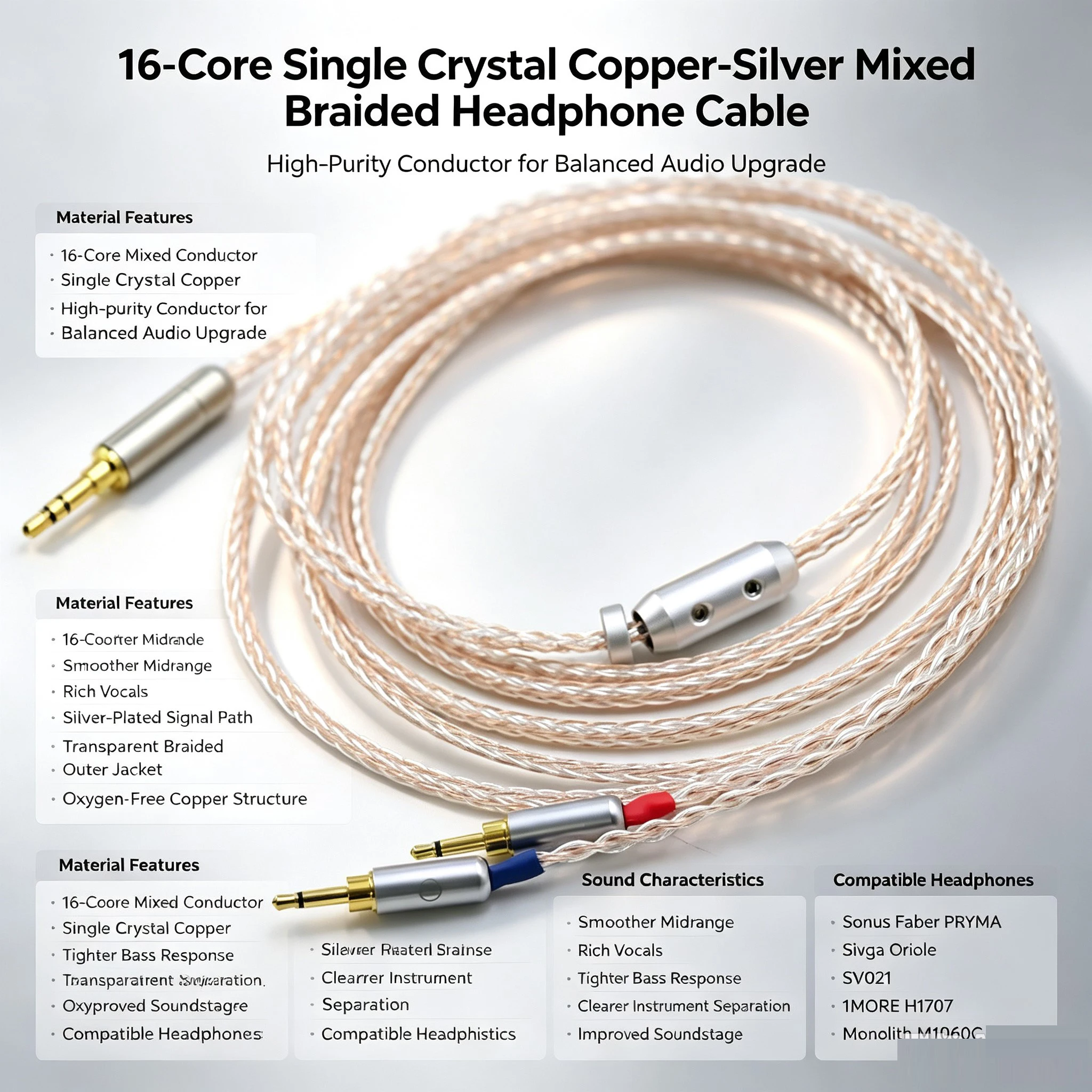 16 Core OCC Copper Silver Braided  2x2.5mm Earphone Cable For Sonus Faber PRYMA Sivga Oriole SV021 1MORE H1707 Monolith M1060C