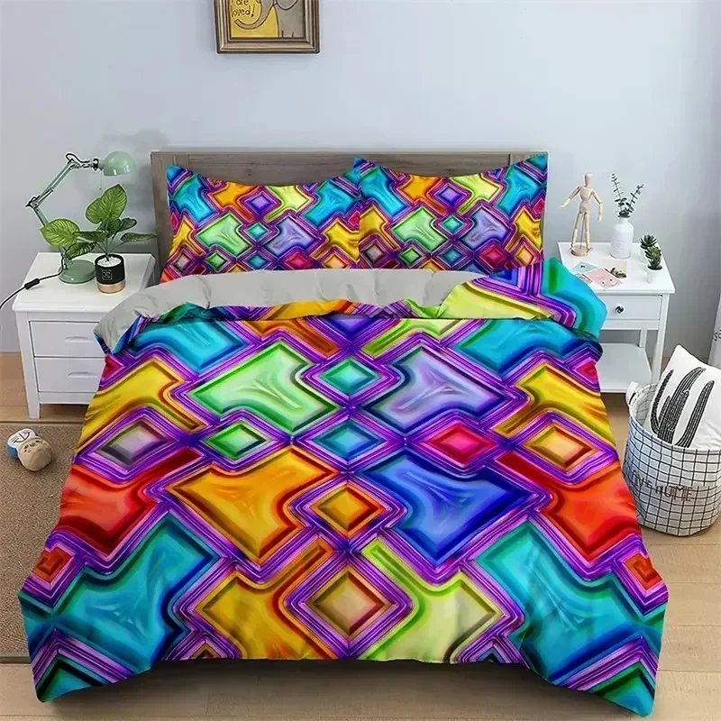 

Top Abstract Geometric Duvet Cover Microfiber Queen Bedding Set Boys Kids Room Rainbow Plaid Print Quilt Cover With Pillowcase