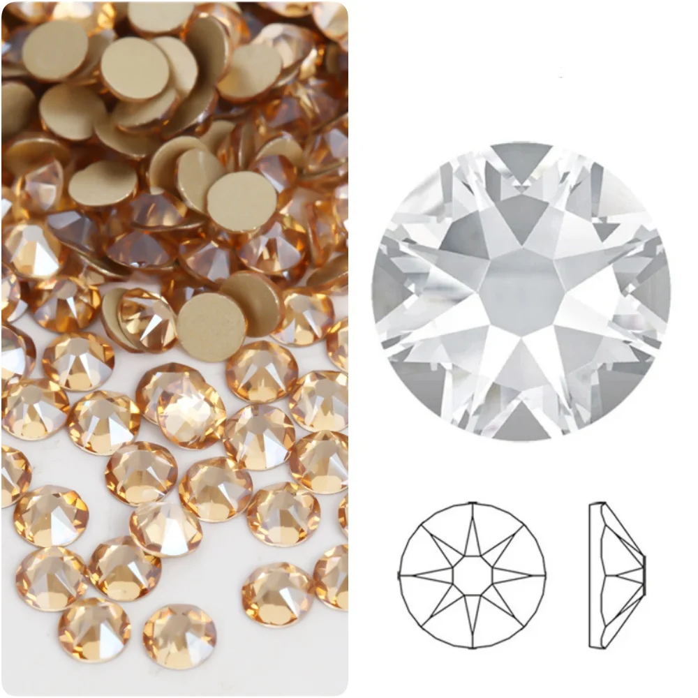 2088 8big 8 kleines Glas 16 geschnittene Facetten Gold Champagner Kristall Flatback Strass nicht Hot Fix Nail Art Dekorationen Strass Kleidungs stück