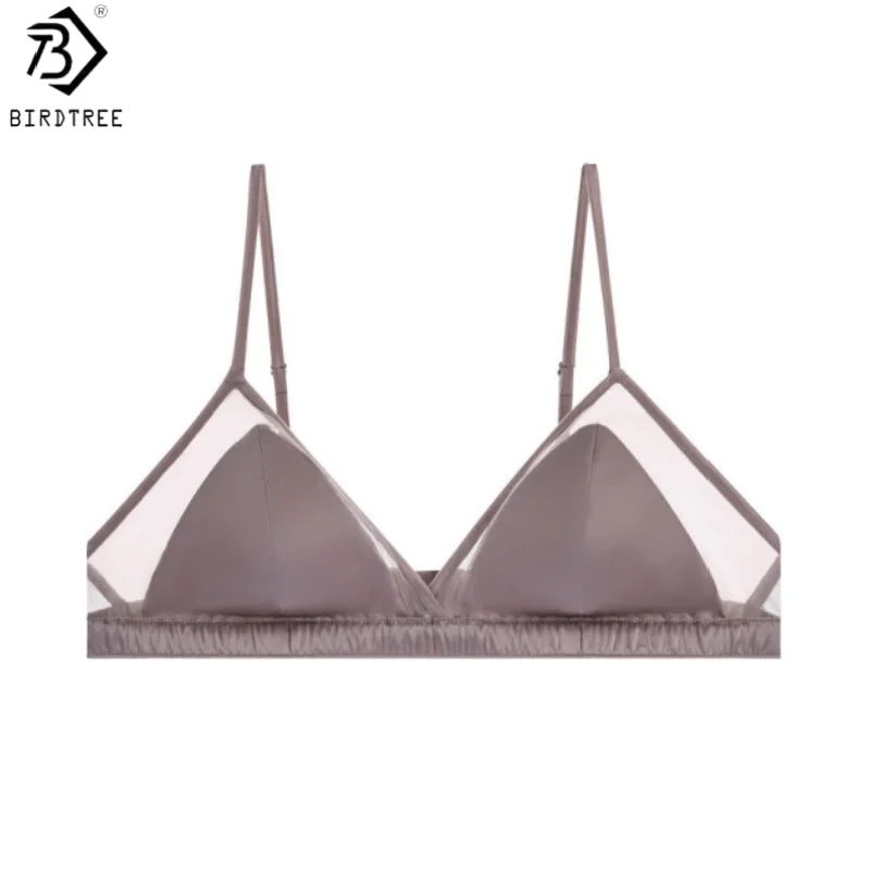 Birdtree, 93% Silk 7% Spandex Bra Satin Briefs, Women Wireless Triangle Cup Bralette Underwear, Healthy 2026 Spring S69311JF