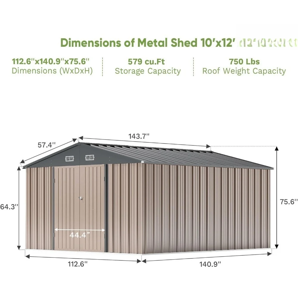 Outdoor Metal Storage Shed 10x12 FT Waterproof Garden Tool Shed with le Door Sloping Roof and Ventilation for Patio