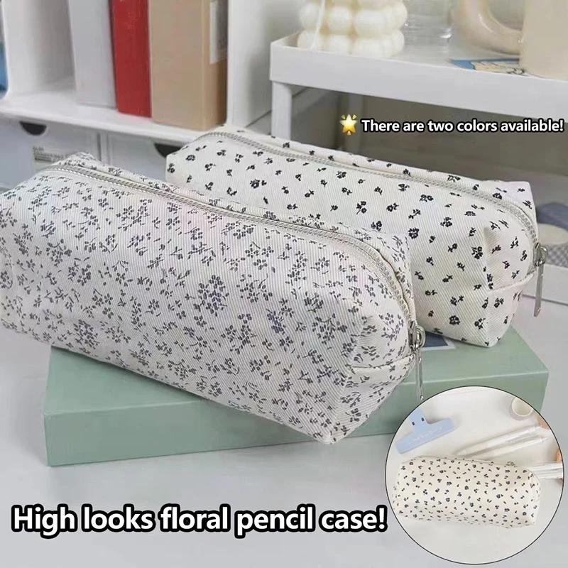 Floral Print Pen Bag Simple Cute Pencil Case Large Capacity Multifunctional Canvas Pen Box Desktop Stationery Organizer