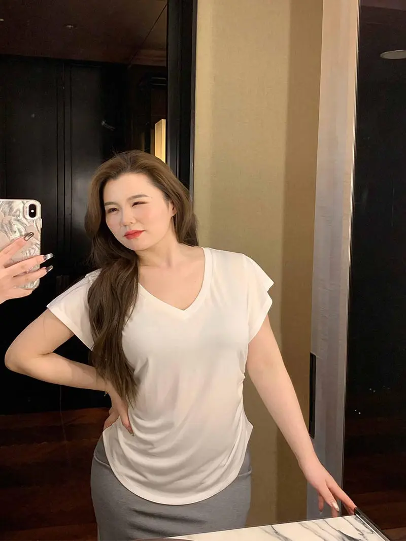 

Футболка ML Jasmine больших размеров с V-образным вырезом, полупрозрачная, приталенная, белая, весна 2025, в корейском стиле, для повседневной носки, однотонная, повседневный топ