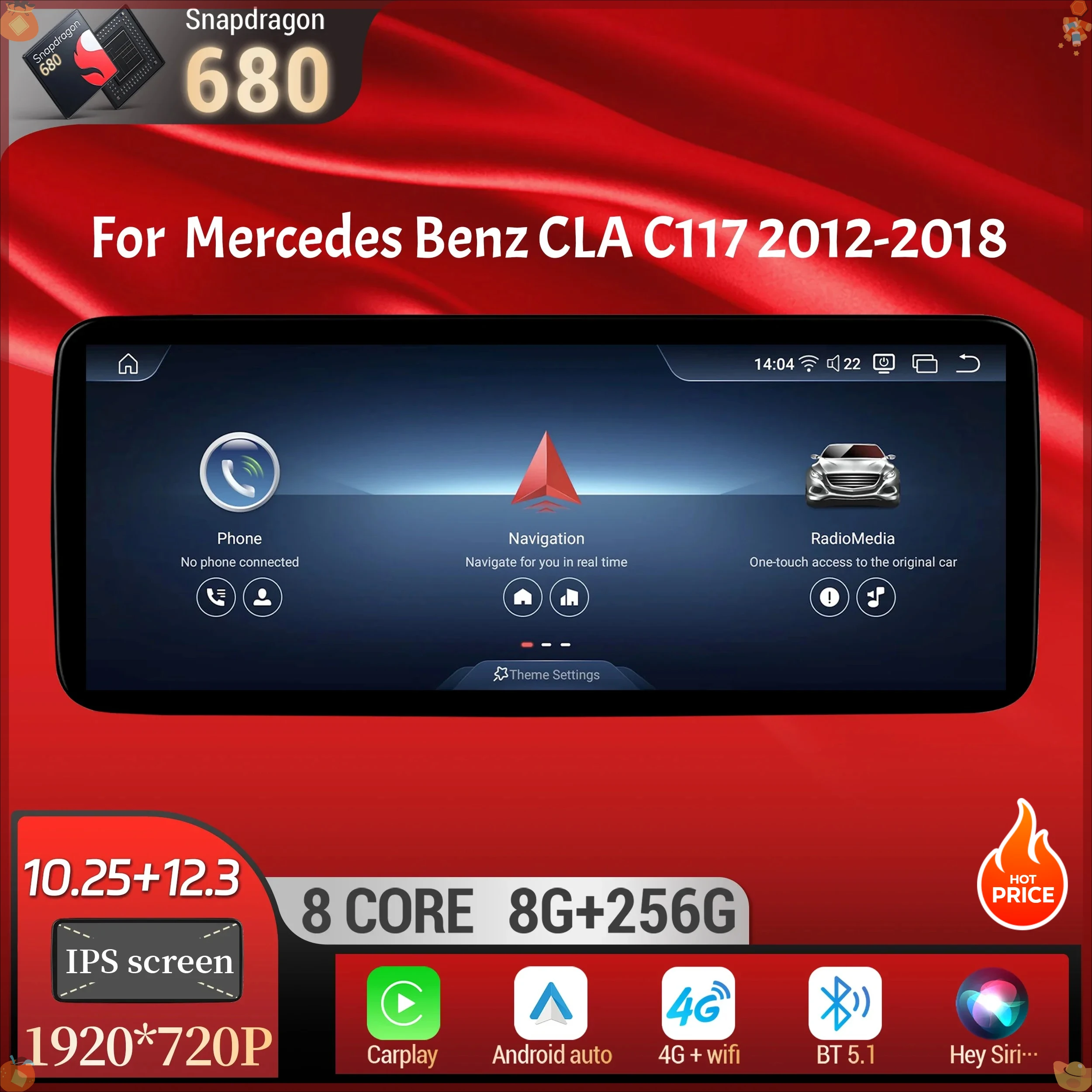 Wireless Bluetooth Carplay Car Radio For Mercedes Benz CLA C117 2012-2018 GPS Android 14 Snapdragon 680 Head Unit Touch Screen