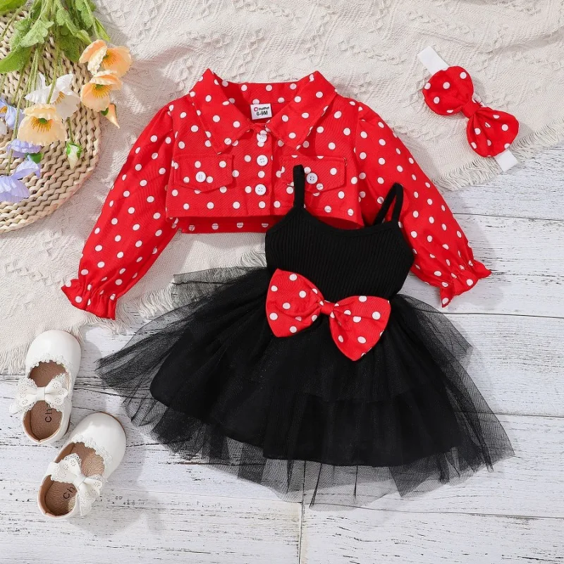 Baby Girls Trendy Polka Dot Lapel Single Breasted Long Sleeved Coat Top Paired with Suspender Bow Dress Headband Three Piece Set