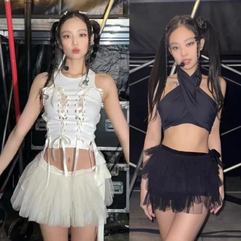 

Kpop Korea Singer Concert Dance White Lace-up Vest Halter Cross Tops Women Sexy Mesh Mini Bubble Skirt Stage Costume Jazz Outfit