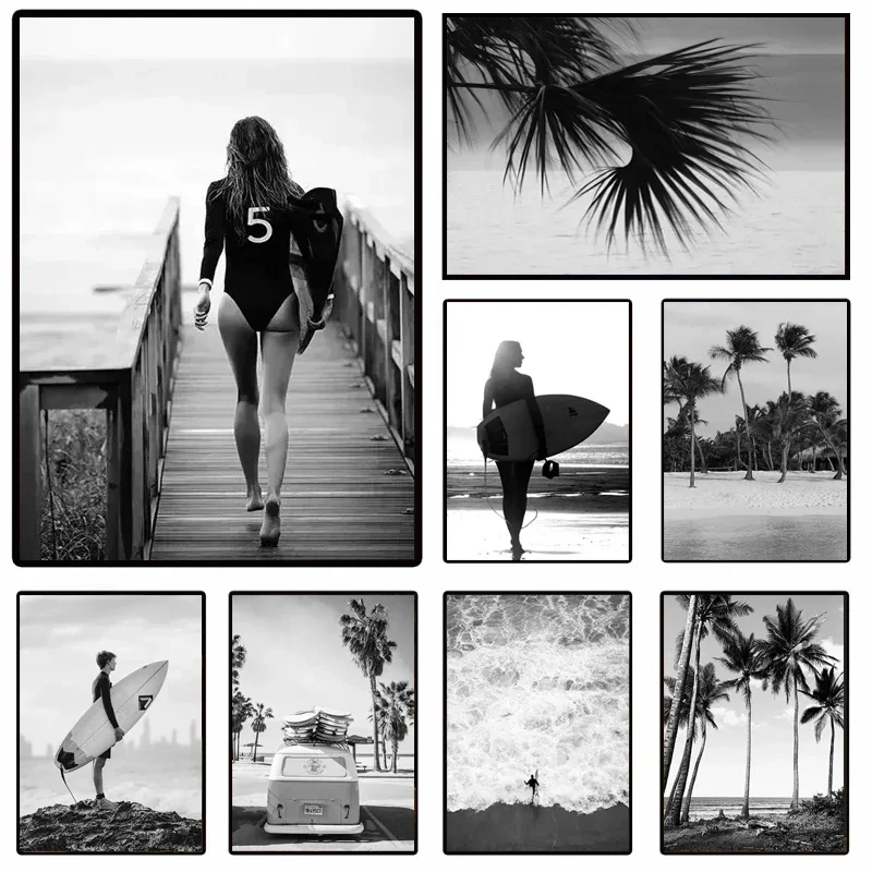 (1pc frameless)Beach Camper Van Surfing Ocean Landscape Wall Art Palm Tree Surfboard Canvas Painting Home Room Decor Poster P