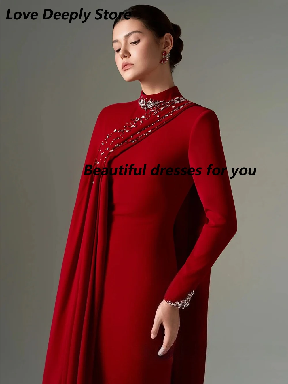 Saudi Arabic Formal Evening Dress with Cape Customized High Neck Long Sleeves Beading Stones Floor Length Mermaid  Prom Gown