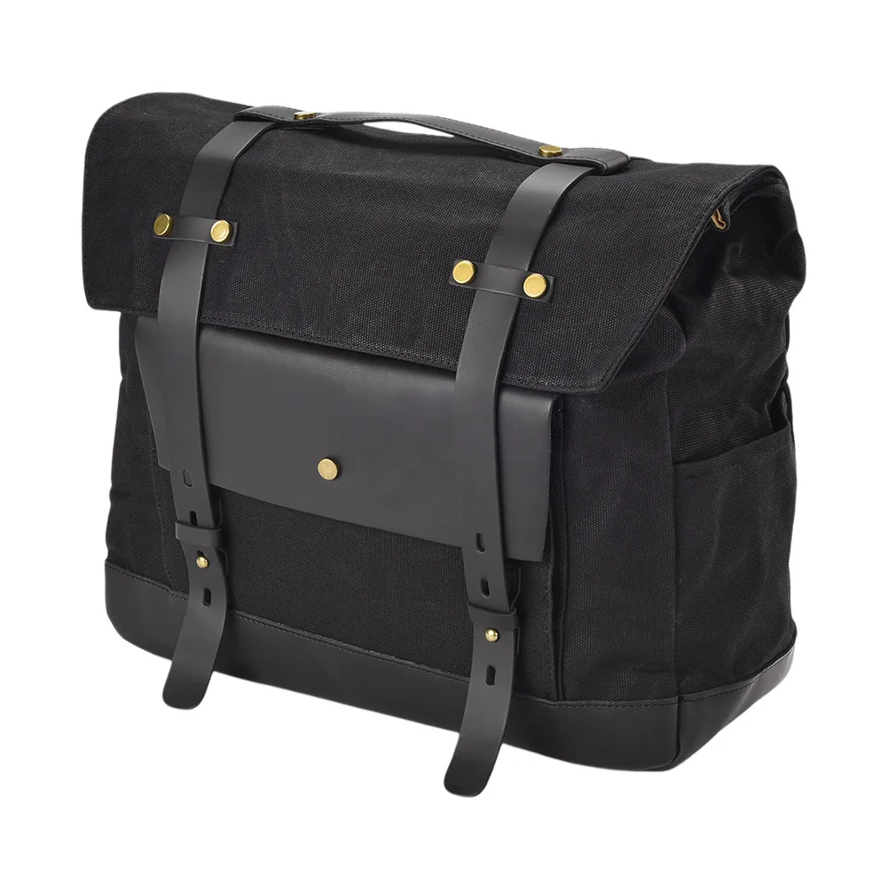 Waterproof Waxed Canvas Motorcycle Side Bag with Top Grain Leather Trim Retro Messenger Saddlebag for Outdoor Travel and Riding