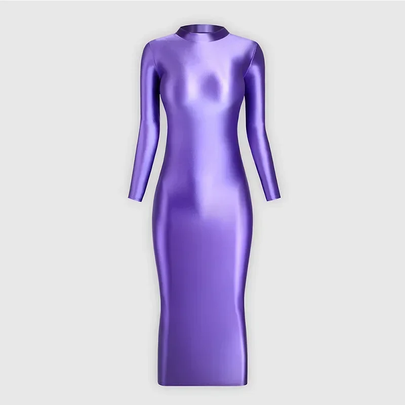 Women Glossy Shiny Buttocks Sexy Jumpsuit Elastic Silk Smooth Dress High Neck Long Sleeve Dancewear Night Club Party Costume