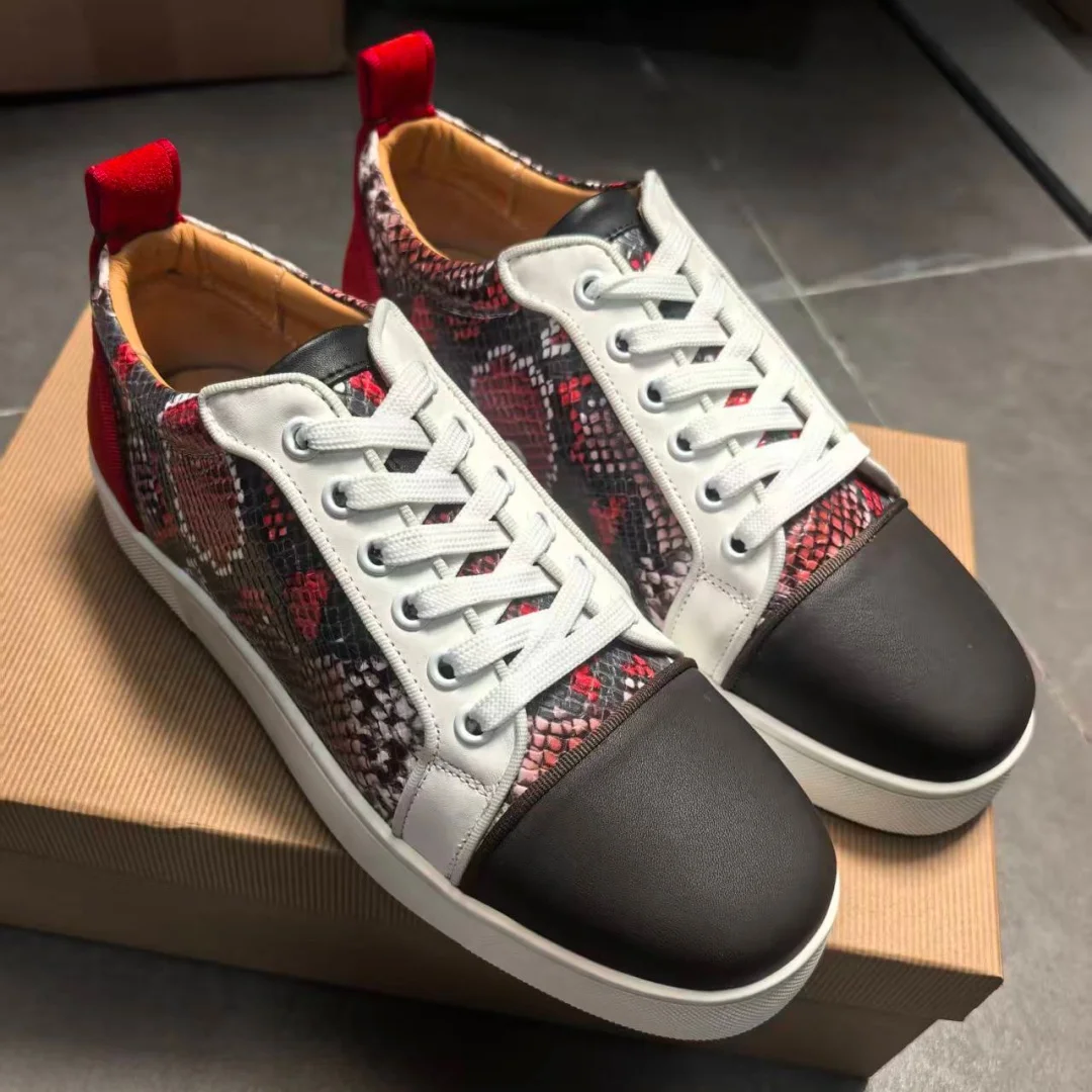 Red Black Mixed Colors Snakeskin-Shaped Leather Casual Sports Shoes Unisex Lace-Up Flat Sole Red Sole Women's Men's Sneakers