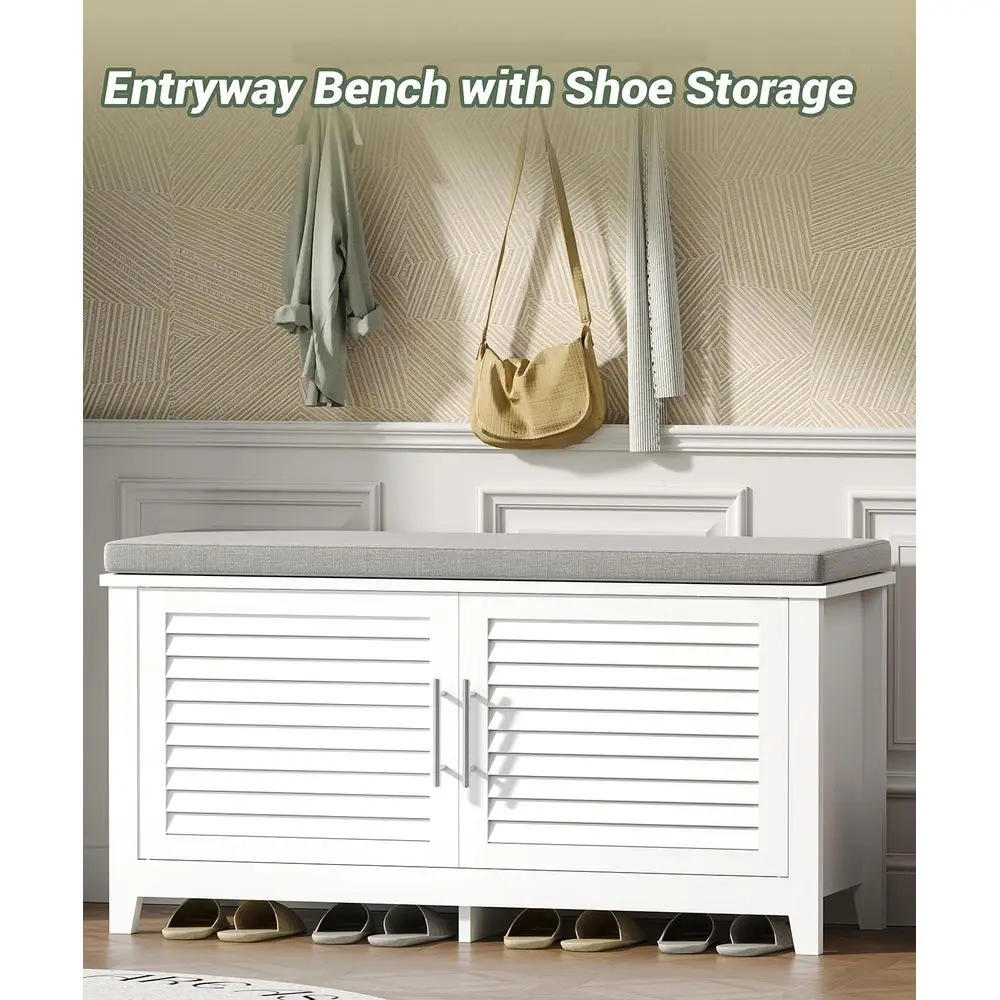 White 2-Tier Entryway Shoe Storage Bench with Cushion & Adjustable Shelf, 39.4 Wide