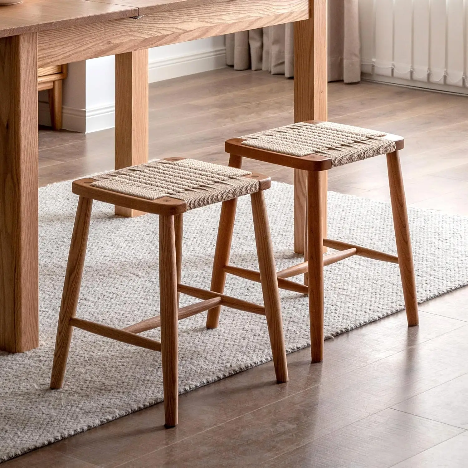 솔리드 오크 팜하우스 현관 스툴, 로프 직조 벤치 시트, 나무 발판(내추럴, 11.8' D x 13.8' W x 17.7' H)