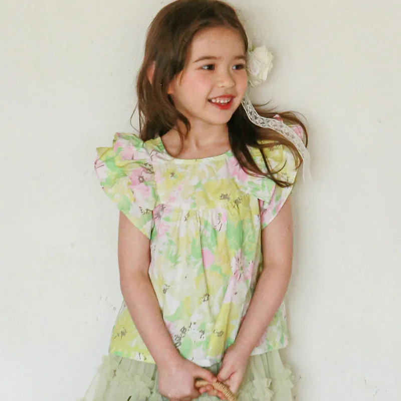 

2025 Summer Korean Children's Clothing Children's Girl Retro Flower Sleeve Shirt Retro Flower Lace Trouser Skirt Set