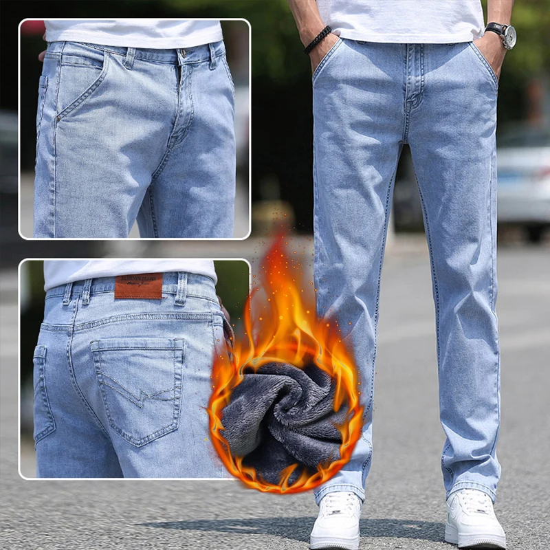 الشتاء الرجال الجينز سميكة الصوف الأعمال موضة خمر نحيل السراويل الطويلة عادية بلون سراويل جينز الشارع الشهير الذكور
