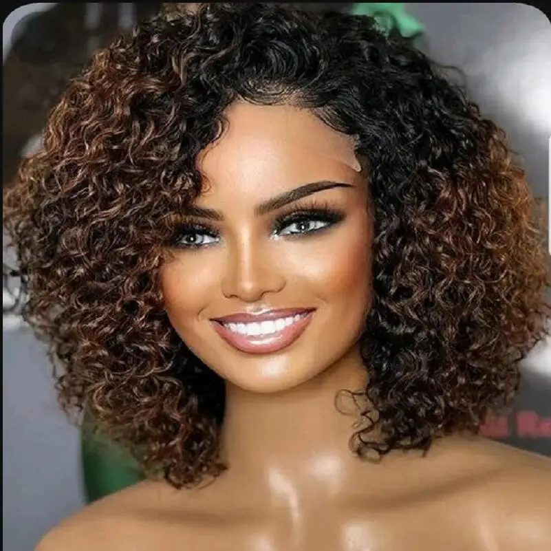 

Ombre Коричневый Кудрявый Парик Фронта Шнурка 180 Плотность 16 "Мягкий Короткий Боб Для Женщин Детские Волосы Бесклеевые Предварительно Сорванные Жаростойкие