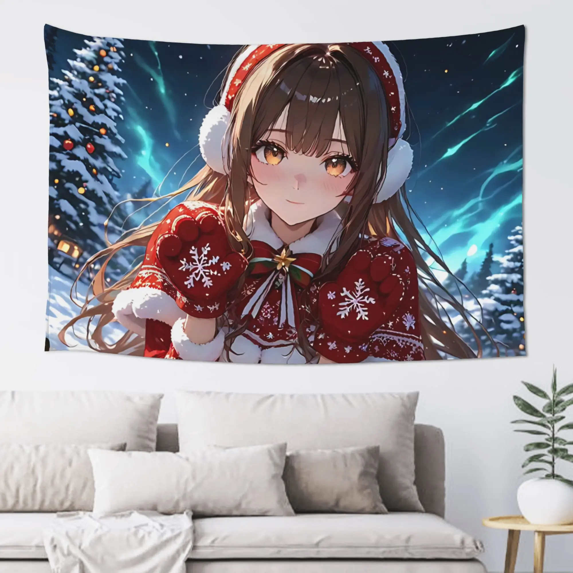 Anime Girl Winter Christmas Customized Tapestry  Wall Hanging Blanket Tapestry Home Decor Items Wall Decorations