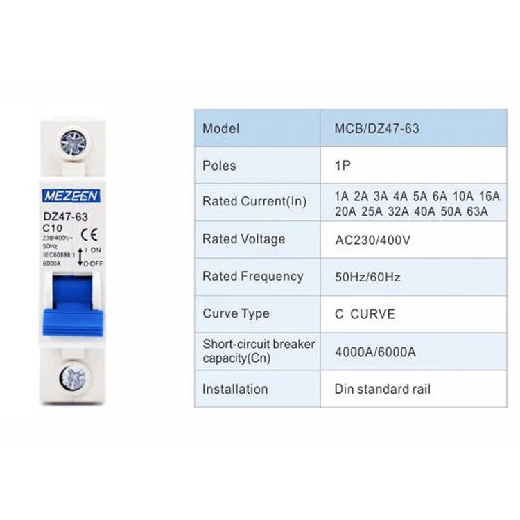 DZ47 MCB 1P 1A/2A/3A/6A/10A/16A/20A/32A/40A/50A/63A Breaking Capacity 6KA Din Rail AC Miniature Circuit Breaker