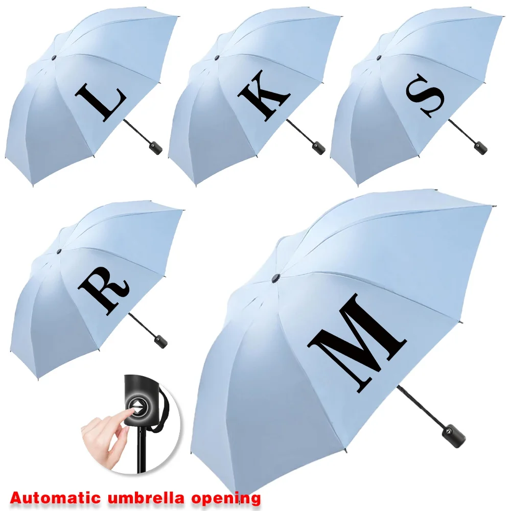 

Automatic Umbrella Portable Sunshade Sunscreen Rain Umbrella Blue Handle Foldable Sun Rain Dual Use Black Printing Series Travel