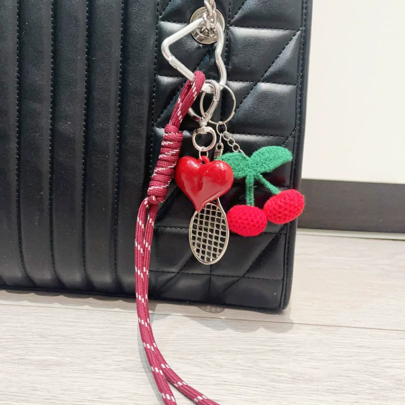 Ins Red Heart Keychain Car Interior Decor Heart Knitted Cherry Bag Pendant Decoration Car Key Ring Gift