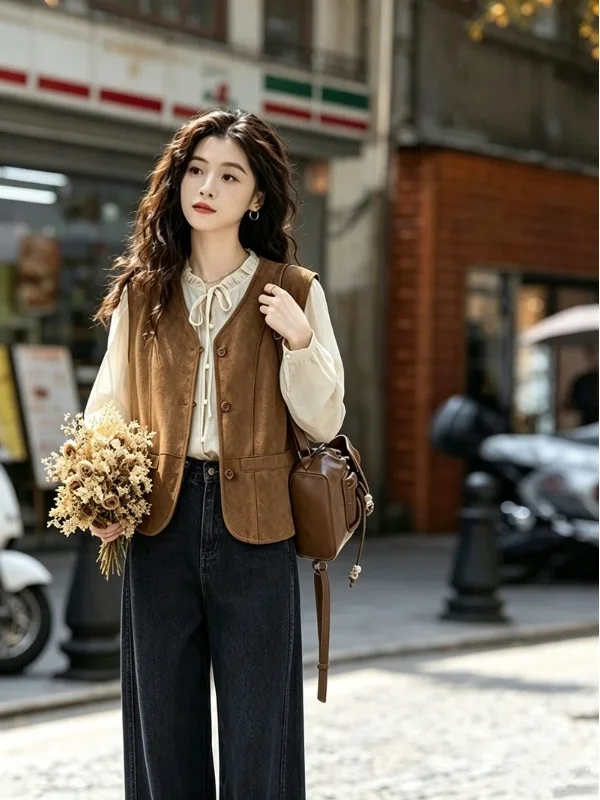 Authentic Vintage V-Neck Vest 2026 Autumn Suede Short Outerwear No-Sleeve Layering Women's Fashion Polyester Blend Regular Fit