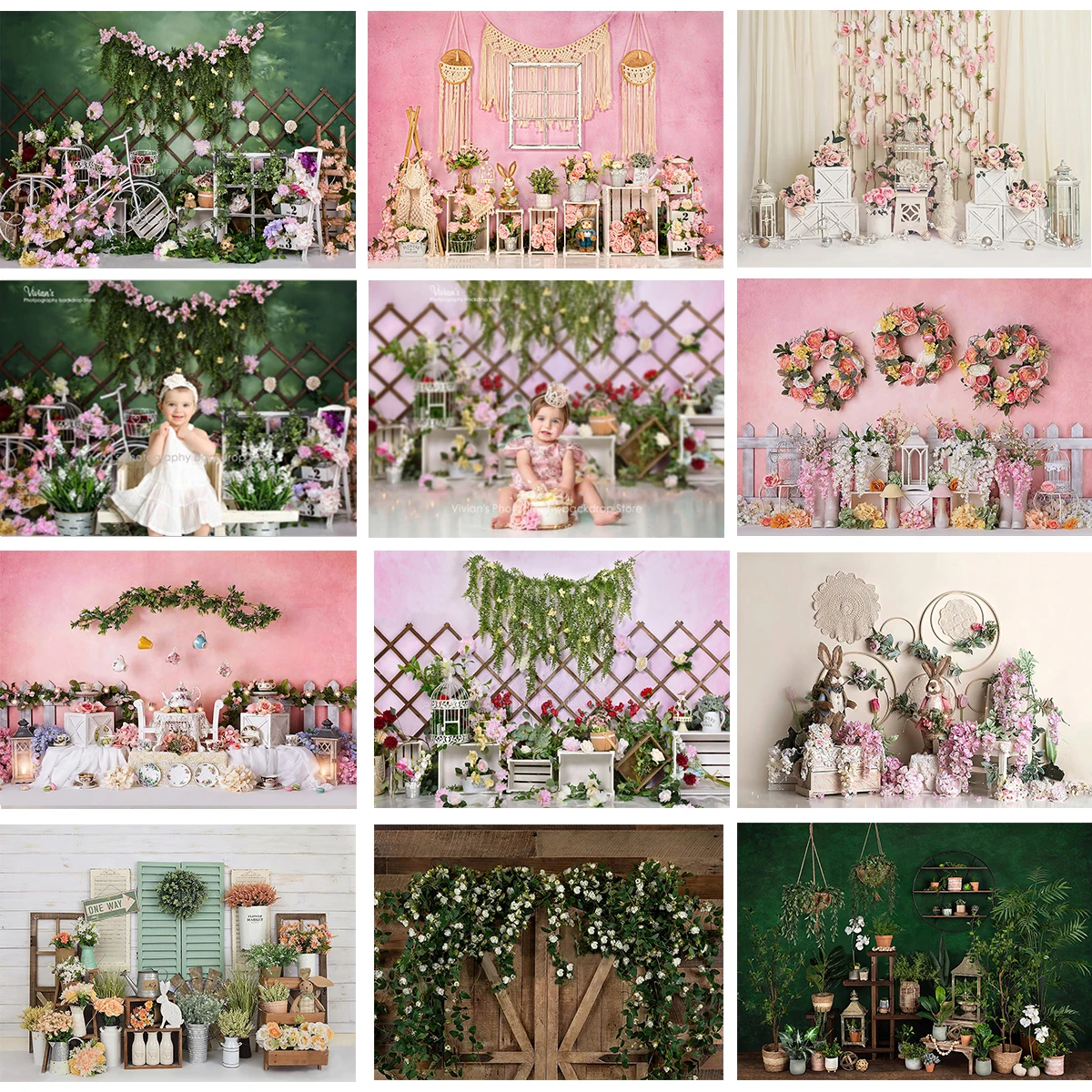 Mocsicka Spring Easter Flower Backdrop Kid Cake Smash Portrait Birthday Photography Background Boho Fence Green Floral Photozone