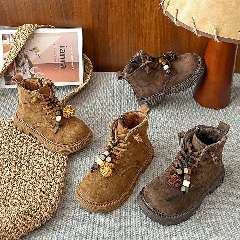 

Kids Ankle Boots Retro Sweet Children Leather Boots with Side Zipper 2025 Autumn Winter New Girls Princess Boots Round Toes Soft