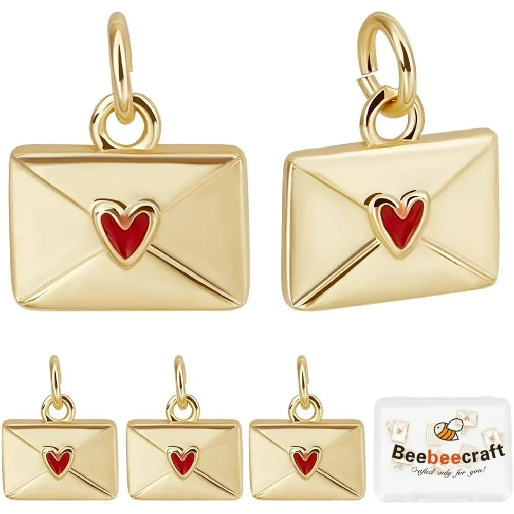

1 Box 10Pcs Envelope Charm with Enamel Red Heart Love Letter Envelope Charms 18K Gold Plated Dangle Jump Ring for Jewelry Making