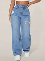 Women's High Rise Wide Leg Ripped Jeans Light Blue Denim Trousers Casual Loose Fit Long Pants