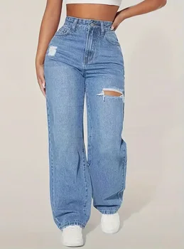 Women's High Rise Wide Leg Ripped Jeans Light Blue Denim Trousers Casual Loose Fit Long
