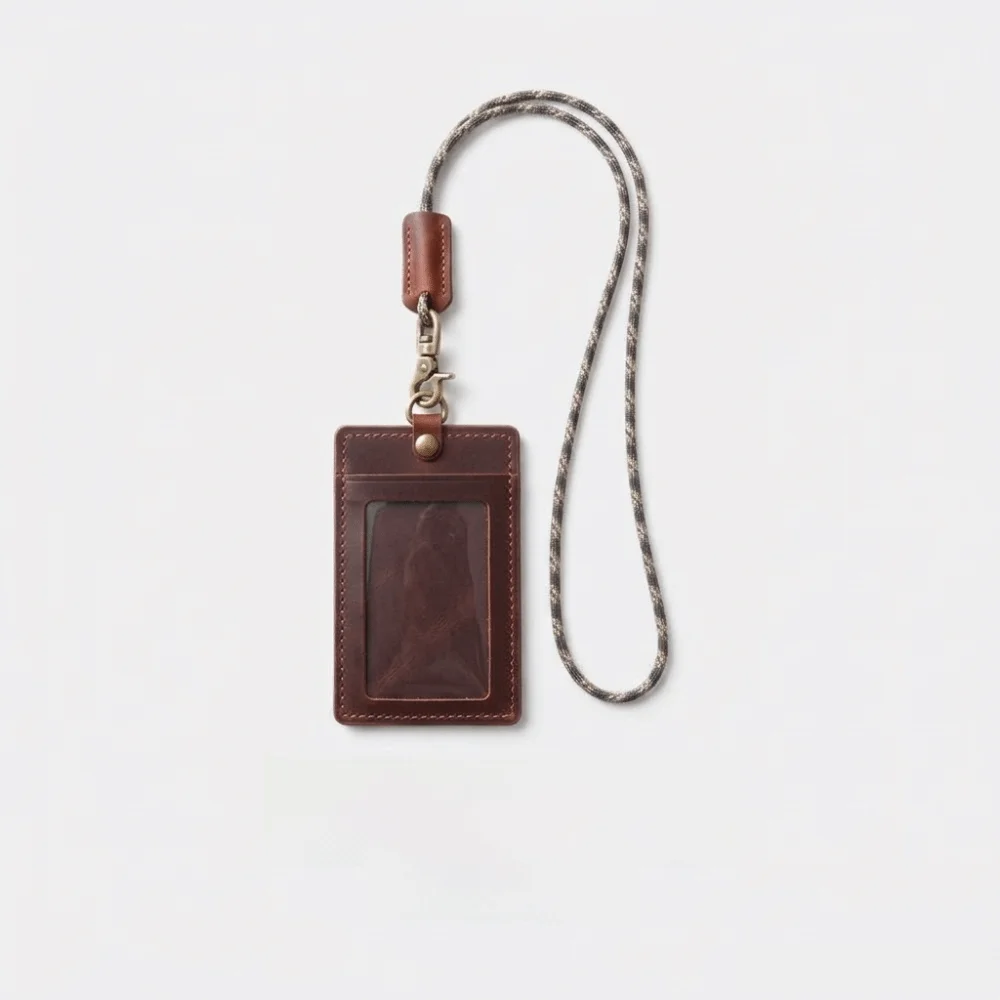Vintage Waxed Leather ID Badge Holder Distressed Leather Protective Sleeve Neck Lanyard Card Pouch Snug Fit Premium Leather