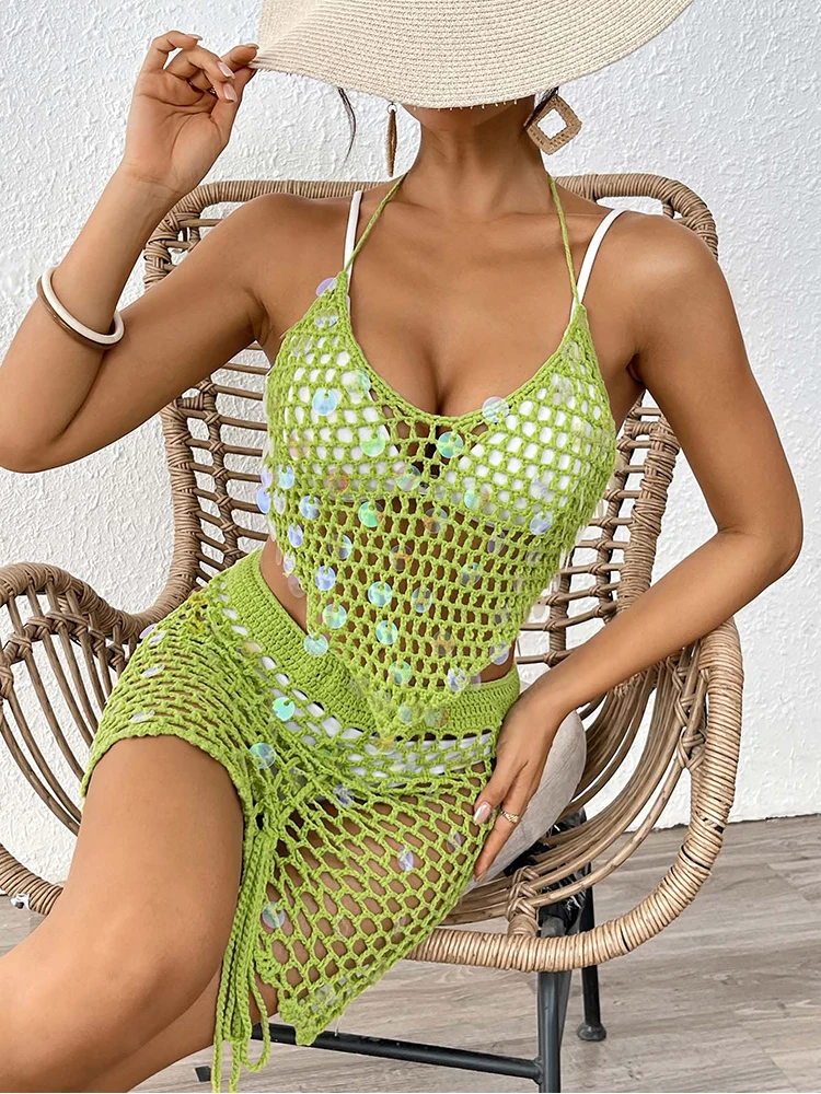 New Halter Beach Cover Up 2025 Sexy Women Solid Sequin Beach Dress Hollow Knitted Backless Mesh Skirt Summer Female Beach Skirt