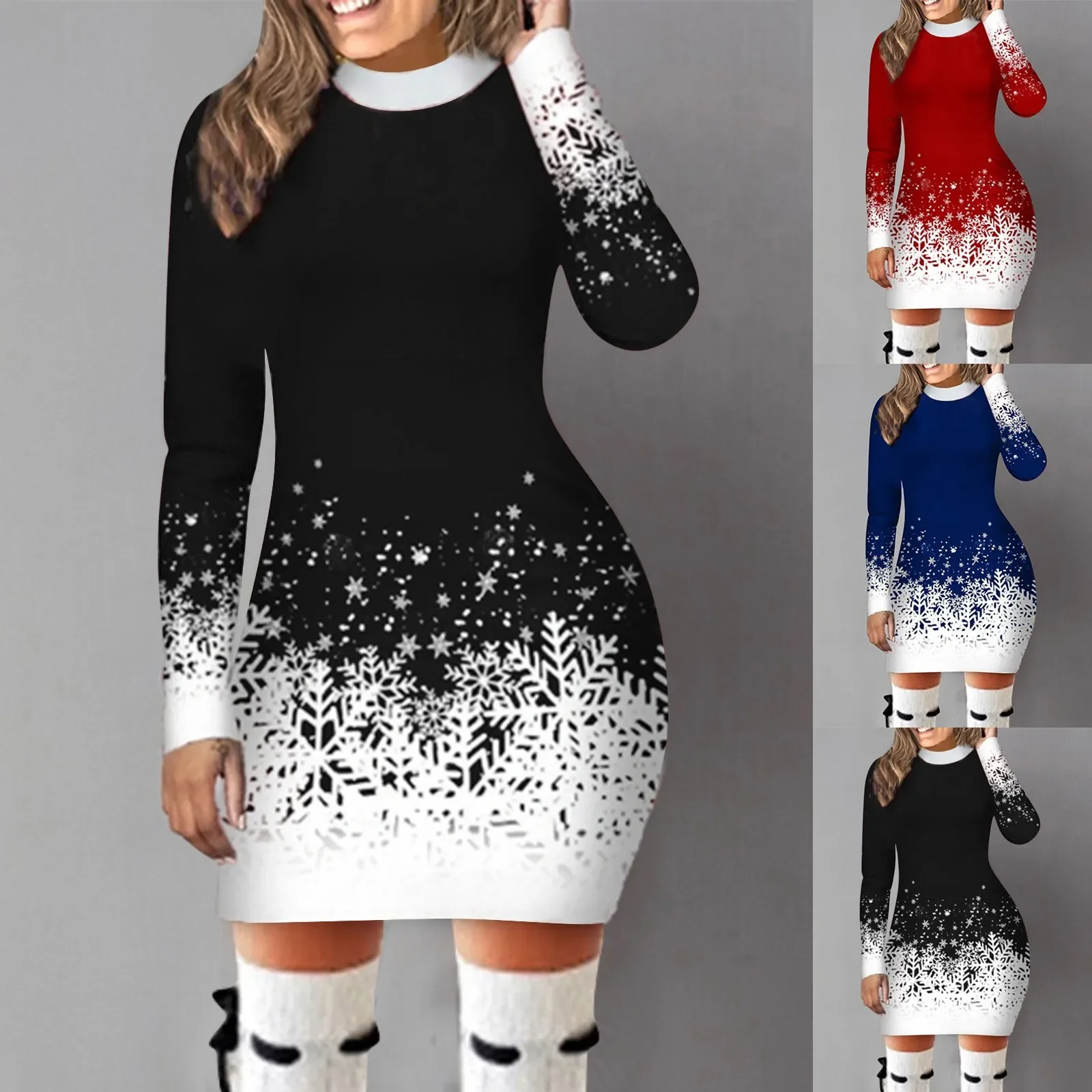 Dames Kerstjurk Hip Wrap Slim Fit Herfst Winter 2024 Jurken Ronde Hals Sneeuwvlok Gedrukt Lange mouwen Feestkleding