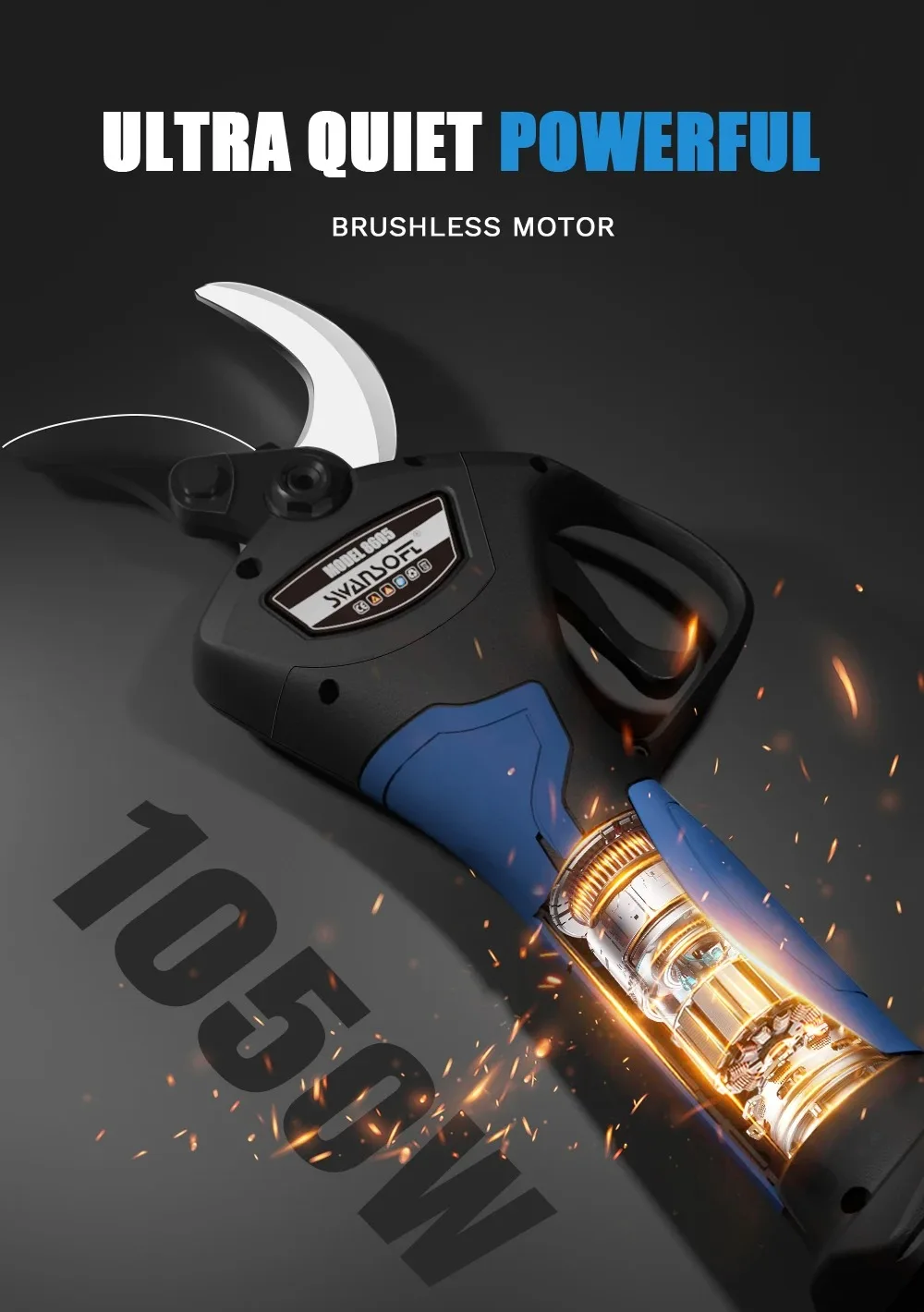 SWANSSOFT 8605 Elektrische Astschere 1050W, 0-40mm, 21V 2Ah Akkus, Progressiver Schnitt für Hausgarten, Weinberge und Obstbaum-Pflege – Detail 11