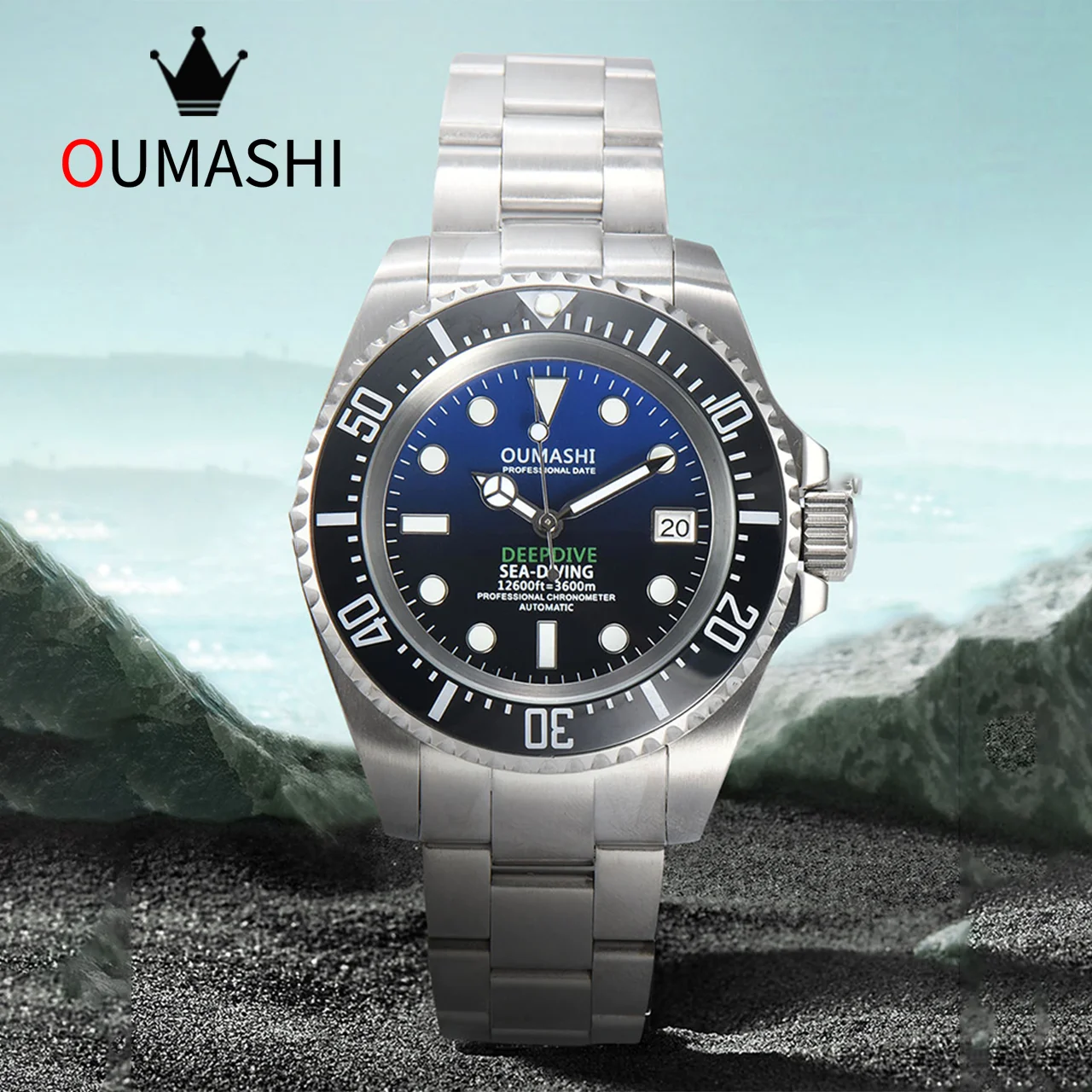 OUMASHI 44mm Men Automatic Mechanical Dive Watch NH35 Movement Blue Gradient Dial Ceramic Bezel Bracelet 100M Waterproof