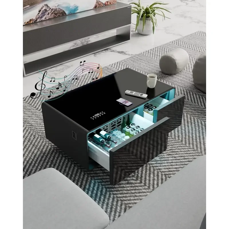 Smart Coffee Table with Built-in Fridge Bluetooth Speaker 15W Wireless Charger USB 110V Outlet Modern Living Room Furniture