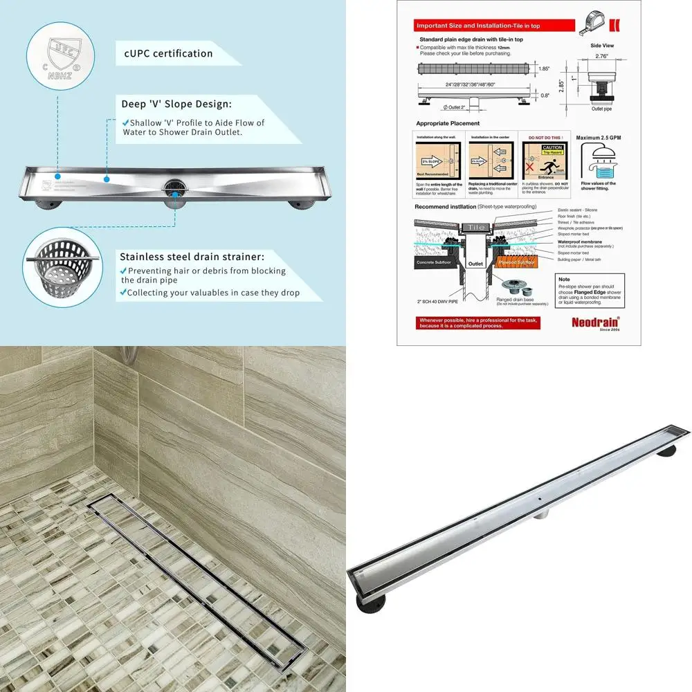 

Линейный душевой трап 36 см с вставкой под плитку, из матовой нержавеющей стали, с регулируемыми ножками и сеткой для волос