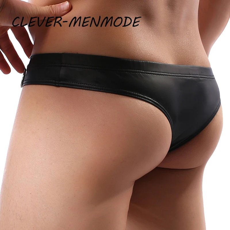 Roupa de biquini gay sexy do sexo masculino do falso do couro u-convexo roupa interior do plutรดnio levantado do saco do pรชnis cuecas apertadas