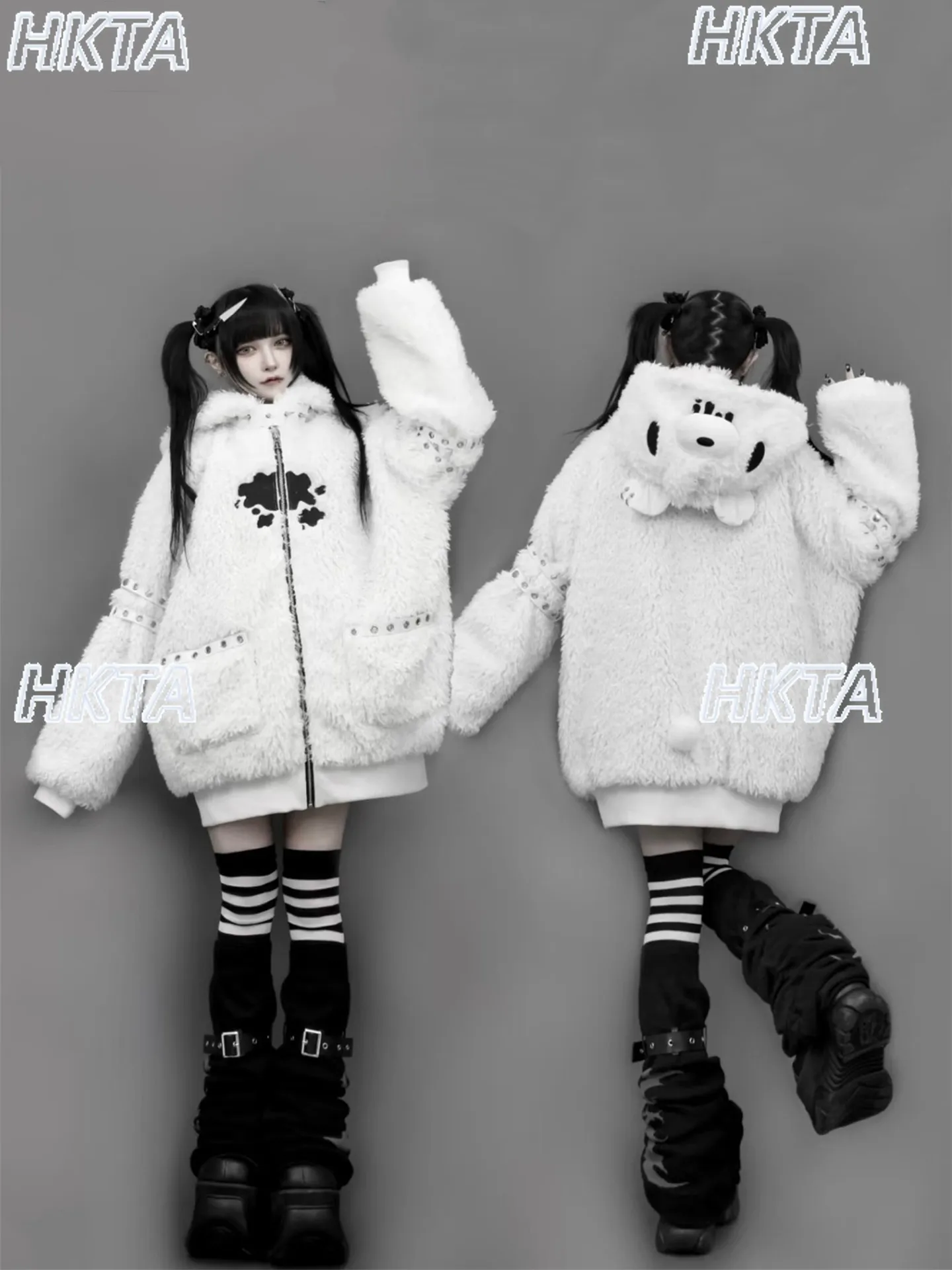 Japanese Cute Embroidered Plush Hooded Coat Medium Long Coats Winter New Subculture Y2k Goth Sweet Loose Cool Fur Jacket Women - view 4