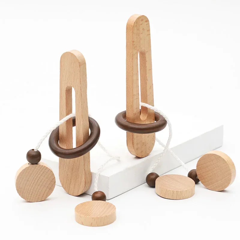 Wooden Ring Unlocking Puzzle Toy Magic Ring Escape Game Kongming Luban Lock Intelligence Brain Teaser for Adults and Kids