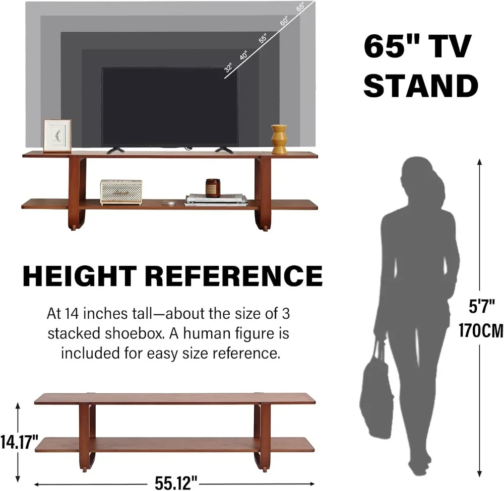 TV Stand for Up to 65 Inch, Mid Century Modern Entertainment Center with 2-Tier Open Shelves, Storage Media