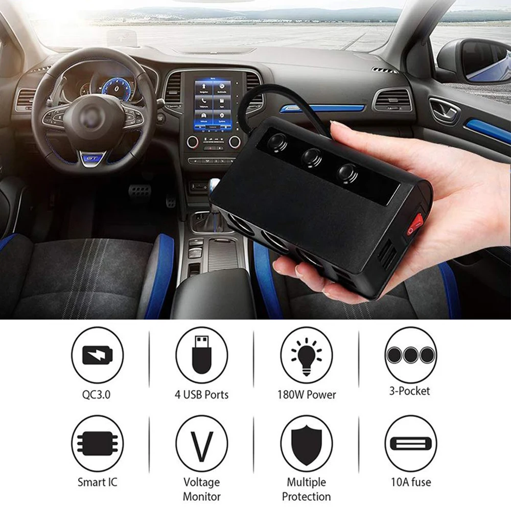 Enchufe USB para coche de 12V, enchufe para encendedor de cigarrillos de 180W, enchufe para cigarros automotriz, cargador de teléfono móvil tipo C para accesorios de coche